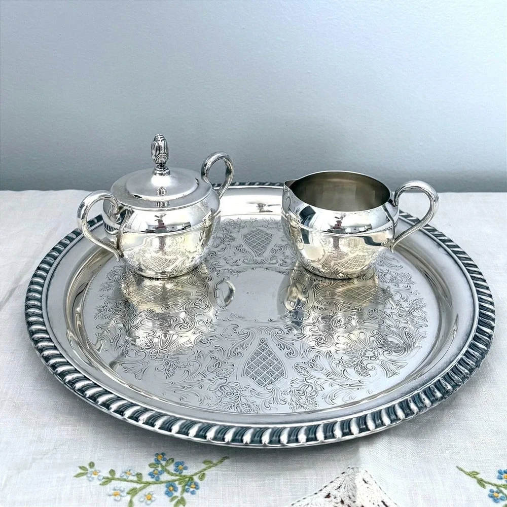 Vintage Silver Plated 4pc Tea Set Chased Floral Teapot Sugar Creamer Round Tray